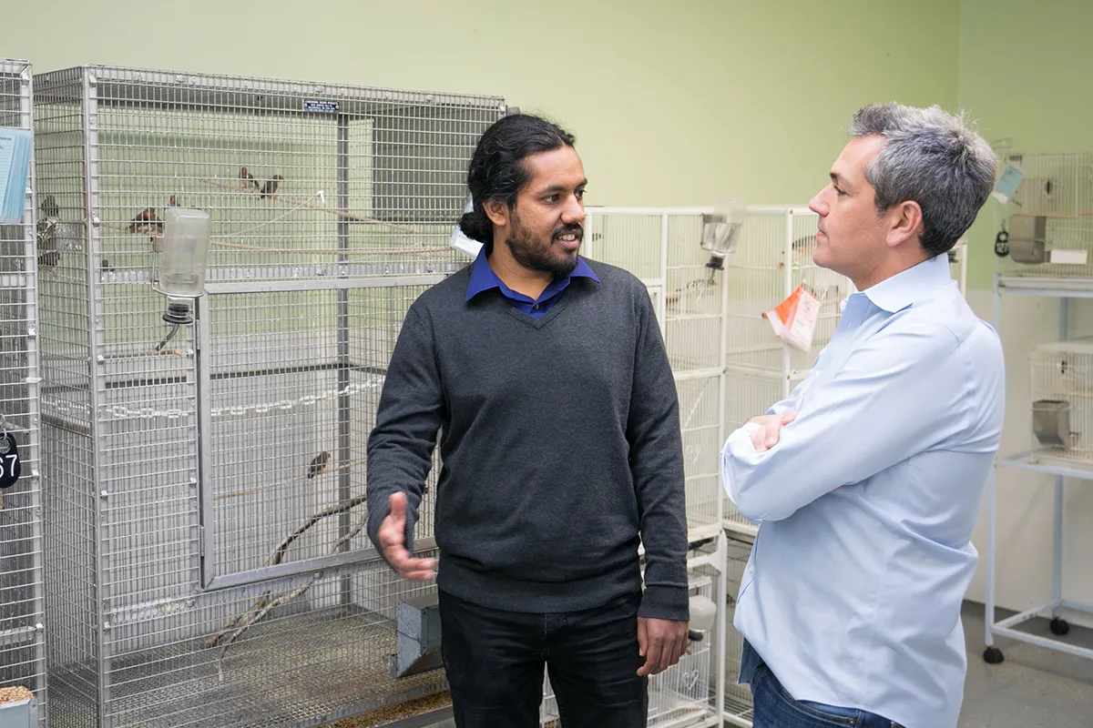 Photograph of Vikram Gadagkar and Jesse Goldberg talking science in an aviary of finches