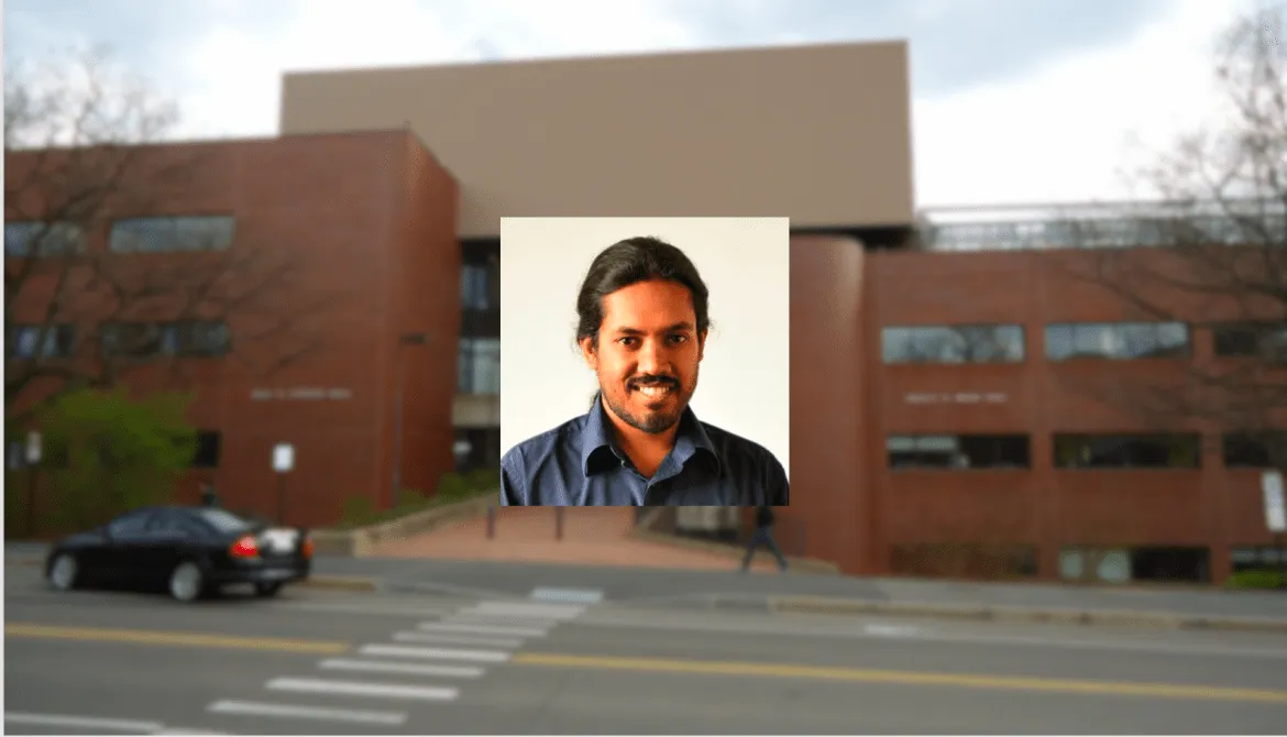 Photograph of Vikram Gadagkar superimposed on the Department of Neurobiology and Behavior, Cornell University 
